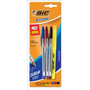 CANETA CRISTAL AZUL/VERMELHA/PRETA + MARCA TEXTO SM