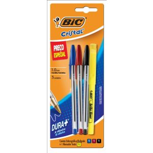 CANETA CRISTAL AZUL/VERMELHA/PRETA + MARCA TEXTO SM