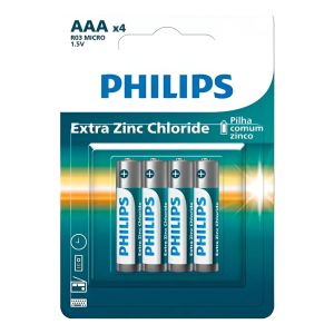 PILHA PHILIPS ZINCO AAA 1.5V COM 4 UNIDADES
