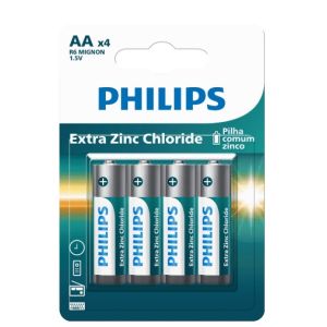 PILHA PHILIPS ZINCO AA 1.5V COM 4 UNIDADES