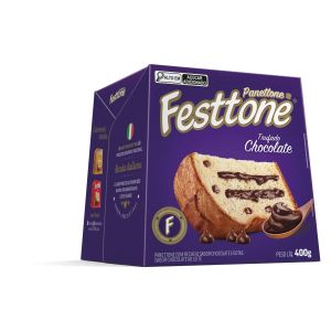PANETTONE COM GOTAS DE CHOCOLATE AO LEITE RECHEIO TRUFADO CHOCOLATE FESTTONE CAIXA 400G