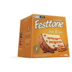 PANETTONE COM GOTAS DE CHOCOLATE AO LEITE RECHEIO TRUFADO DOCE DE LEITE FESTTONE CAIXA 400G