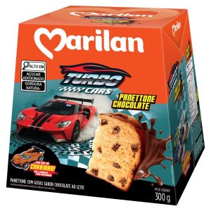 PANETTONE CHOCOLATE COM GOTAS DE CHOCOLATE AO LEITE TURBO CARS MARILAN CAIXA 300G VEM COM UM CARRINHO!