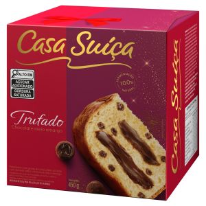 PANETTONE COM GOTAS DE CHOCOLATE AO LEITE RECHEIO TRUFADO CHOCOLATE MEIO AMARGO CASA SU??A CAIXA 450G