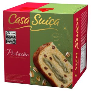 PANETTONE COM GOTAS DE CHOCOLATE AO LEITE RECHEIO CREME DE PISTACHE CASA SU??A CAIXA 450G